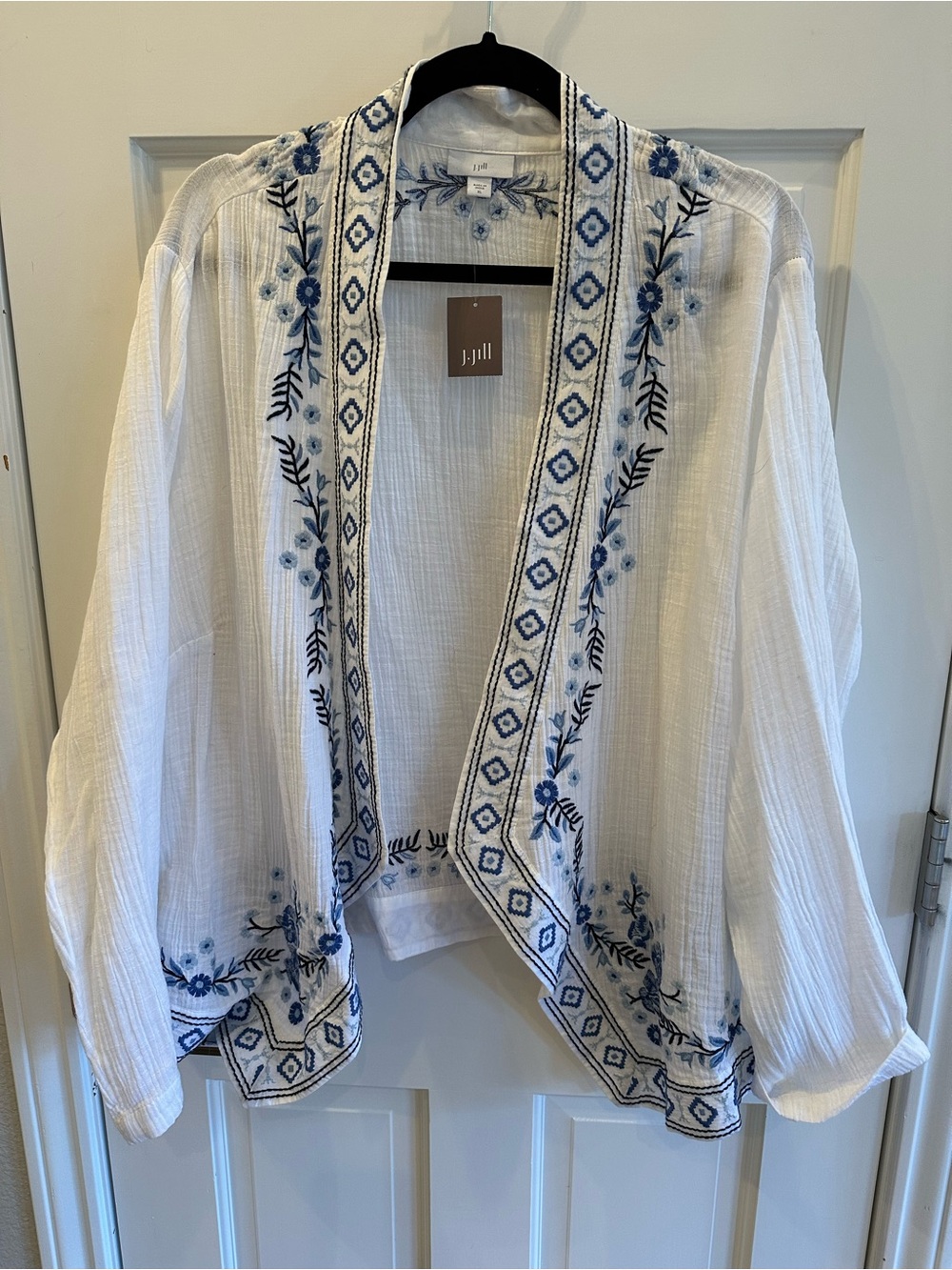 J. Jill White Open-Front Embroidered Jacket with Blue Trim